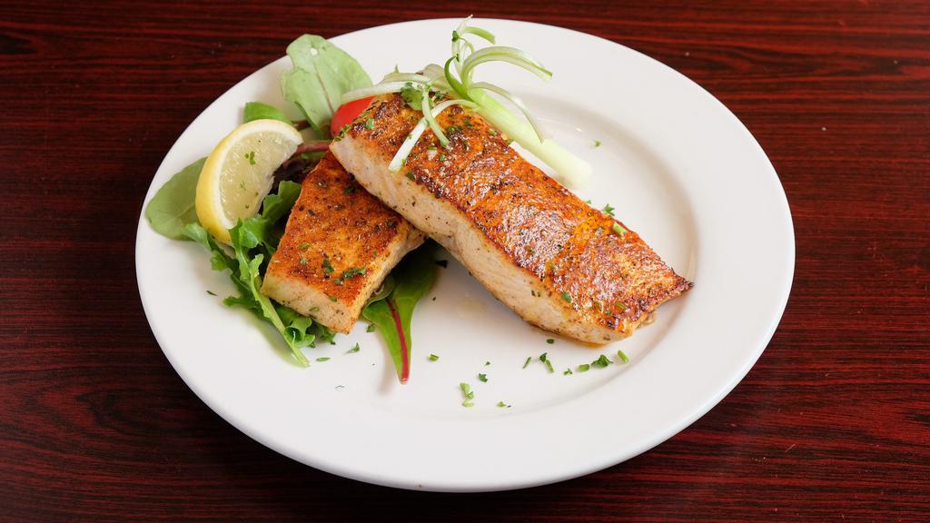 Salmon Filets (Large (2 Filets)) · Fresh broiled salmon filet, choice of blackened or lemon pepper, served with two signature sides and a homemade piece of cornbread