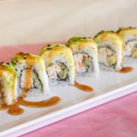 Caterpillar Roll · Inside fresh water eel, crab meat and cucumber. Outside avocado.