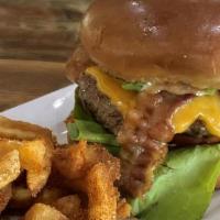 Spicy Avocado · Certified Angus Beef patty, avocado, applewood smoked bacon, cheddar, bibb lettuce, tomato a...