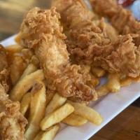 Hand Battered Chicken Tenders · Hand beer battered fried chicken strips and hand-cut fries with ranch, honey mustard or BBQ ...