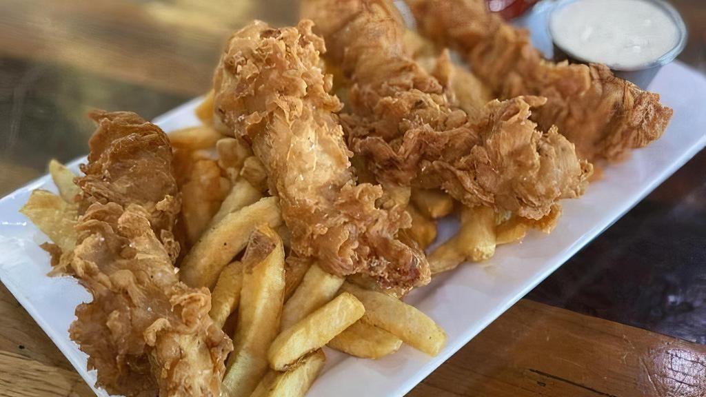 Hand Battered Chicken Tenders · Hand beer battered fried chicken strips and hand-cut fries with ranch, honey mustard or BBQ sauce. Like it hot? Toss it in our house buffalo sauce for $1