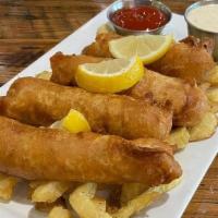 Fish & Fries · Amber ale battered cod fillets, hand -cut fries and tartar sauce