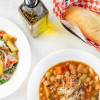 Pronto Light: Soup, Salad & Bread · Minestrone Soup, House or Caesar salad and bread.