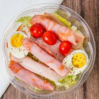 Chef Salad · Ham, turkey, cheese, boiled eggs, lettuce, tomato, red onion banana and peppers.