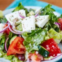 Mediterranean Greek Salad · Mixed Lettuce, Cherry Tomatoes, Red Onions, Cucumbers, Green Peppers, Kalamata Olives, Feta ...