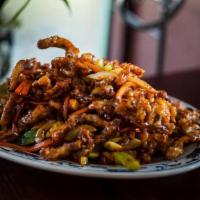 Crispy Shredded Beef · Shredded beef properly fried to crispy, sautéed with carrots and celery in a special sauce.
