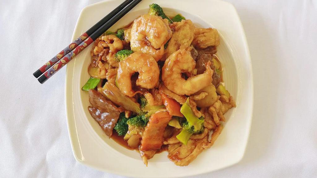 Triple Delight · Shrimp, chicken and beef sautéed with mixed vegetables.