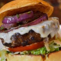 Chipotle Bison Burger  · Swiss, charred red onions, whole grain mustard aioli, lettuce, tomato, brioche