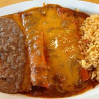 Cheese Enchiladas · Three cheese enchiladas topped with our famous los gueros sauce and cheddar cheese.