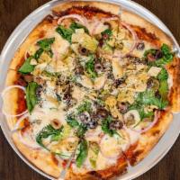Herbivore Pizza · Mozzarella, Parmesan, Sun Dried Tomato Paste, Olive Medley, Artichoke Hearts, Red Onion, Spi...