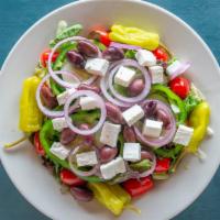 Greek Salad (House Dressing On Side) · Lettuce, Tomatoes, Cucumbers, Feta Cheese, Kalamata Olives, Anchovies, Pepperoncinis, Green ...