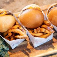 Burgers In A Bag · 3 sliders, bacon mayo, cheddar cheese, hand-cut fries.