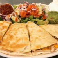 Cheese Quesadilla · A Taste of Mexico, with Cheese, Onion, Pepper, Salsa, Guacamole & Sour Cream.