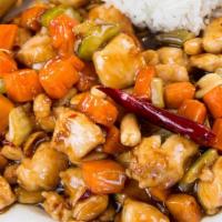 Kung Pao Chicken · Fu Belly favorites. Contains peanuts. Spicy.
Chicken with carrots, celery, and peanuts sauté...