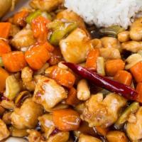 Cashew Chicken · Contains cashews.
Chicken with carrots, celery, and cashews sautéed in a delicious, spicy br...