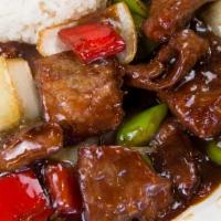 Pepper Steak · Beef with onions & bell pepper sautéed in a delicious brown sauce.