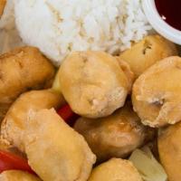 Sweet & Sour Pork · Battered.
Crispy fried pork served with a delicious sweet & sour sauce on the side.
