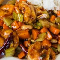 Kung Pao Shrimp · Spicy. Contains peanuts.
Shrimp with carrots, celery, and peanuts sautéed in a delicious, sp...