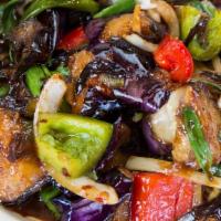 Eggplant In Garlic Sauce · Fu Belly favorites. Spicy.
Eggplant with bell peppers & onions sautéed in a sweet, spicy, an...