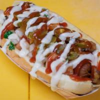 Mexican Perro · A Mexican twist to our Famous Perro: a hot dog with a pork frank, mustard, mayo, ketchup, cr...