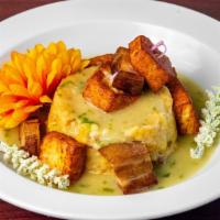 Mofongo · Deep fried plantains mashed with garlic, chicken broth and salt and served with your protein...