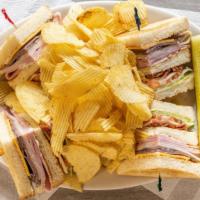 House Club · Ham, turkey, roast beef, American and Provolone cheese, bacon, lettuce, tomato, and mayonnai...