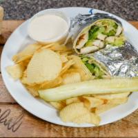 Chicken Caesar Wrap · Served with chips and pickles.