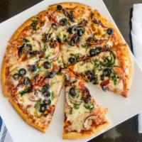 Vegetarian Pizza · Mushrooms, red onions, spinach, tomatoes, black olives.