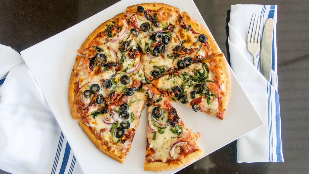 Vegetarian Pizza · Mushrooms, red onions, spinach, tomatoes, black olives.