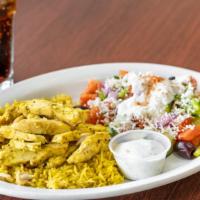 Chicken Gyro Plate · Grilled chicken breast marinated in a special seasoning blend, served with rice and greek sa...