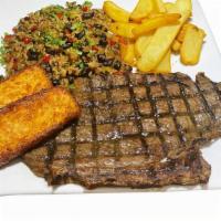 Bistec Asado Con Moro Negro / Grilled Steak With Black Moro · Steak asada, moro negro, papas fritas y queso frito. / Grilled steak, moro negro, french fri...