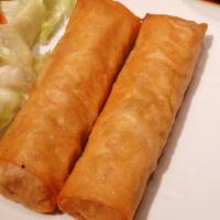 Spring Roll (2) · Stuffed with minced pork, shrimp, taro, carrot, bean thread, and spices then wrapped in rice...