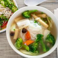 Pho Rau · Vegetable mix of broccoli, Napa, carrot, baby corn, mushroom with rice noodles. With Beef  b...
