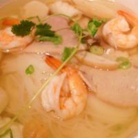 Hu Tieu Hoac Mi Nam Vang · Cambodia rice noodles or egg noodles, sliced pork, minced pork, shrimp, squid, fish cake, an...
