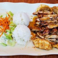 Chicken & Gyoza · Marinated chicken grilled and served with our own homemade teriyaki sauce along with five pi...