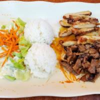 Chicken & Pork · Marinated chicken and pork grilled and served with our own homemade teriyaki sauce.