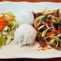 Mongolian Beef Or Chicken · Marinated Mongolian beef or chicken stir-fried with various vegetables and homemade spicy sa...
