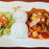 Sweet & Fire Chicken · Marinated chicken breast breaded and stir-fried with various vegetables and homemade spicy s...