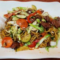 Beef Yakisoba · Japanese style noodles stir-fried with vegetables and thinly sliced grilled beef.