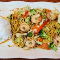 Shrimp Yakisoba · Japanese style noodles stir-fried with vegetables and seasoned shrimp.