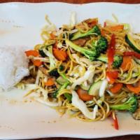 Veggie Yakisoba · Japanese style noodles stir-fried with a large quantity of vegetables.