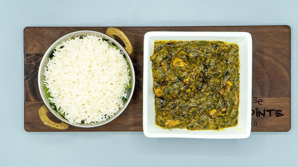 Chicken Saag · This dish combines the savory sourness of Greens with a tomato-onion gravy, chicken and spices. Served with a side of Steamed Rice.