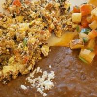 Machacado & Egg · All plates are served with papas rancheras refried beans and handmade corn or flour tortilla...