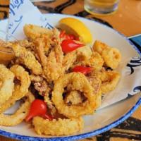 Fried Calamari · cornmeal-crusted calamari rings & tentacles, Chistorra chorizo, pickled peppers, ancho remou...