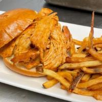 Pulled Chicken Sand · Pulled chicken sandwich (approx. 6 oz) and choice of one side