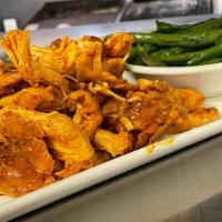 Pulled Chicken Platter · Pulled chicken platter (approx 8 oz), choice of 2 sides and cornbread