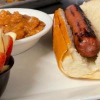 Kid Hot Dog · All beef dog, choice of one side and sliced apples.