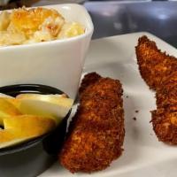Kid Chicken Tenders · 2 breaded and fried chicken tenders, choice of side and apple slices.