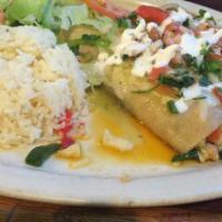 Flautas · Three deep fried, rolled corn tortillas, stuffed with chicken or beef, served with rice, bea...