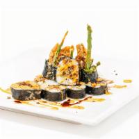 Spider Roll · soft shell crab tempura, avocado, cucumber, asparagus and yamagobo (Japanese carrots) topped...